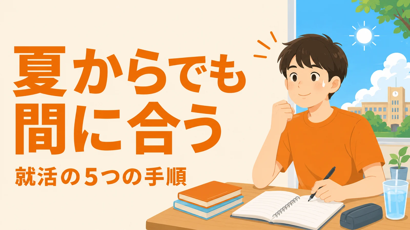 机に向かい前向きに就活を始める大学生と「夏からでも間に合う」の見出し