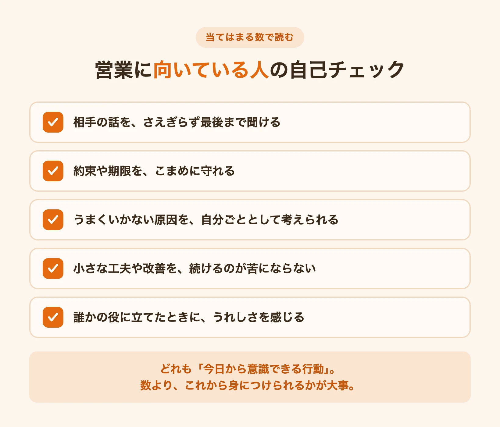 営業に向いている人を5つの行動で自己チェックする図（聞く・約束を守る・自分ごと・改善・人の役に立つ喜び）
