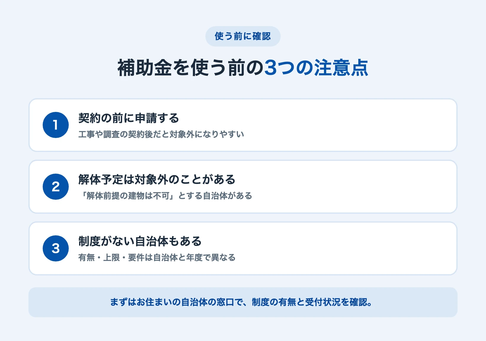 アスベスト補助金を使う前の3つの注意点(契約前に申請・解体予定は対象外のことがある・制度がない自治体もある)