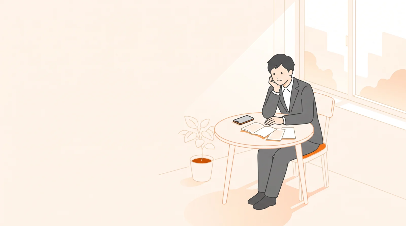 机に資料を広げ、落ち着いた表情で選び直そうとしている就活生のイラスト