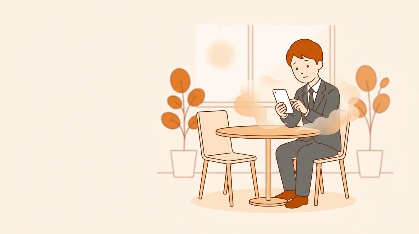 カフェの席でスーツ姿の就活生がスマートフォンを見て、少し戸惑った表情をしているイラスト