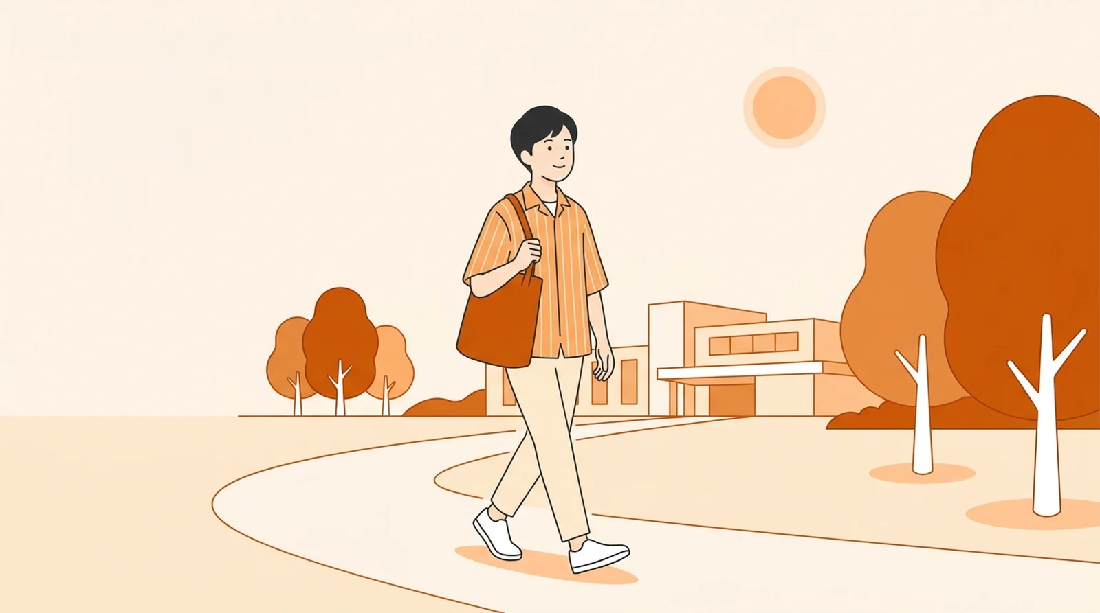 夏のキャンパスの道を、トートバッグを提げて前を見ながら歩く大学生のイラスト